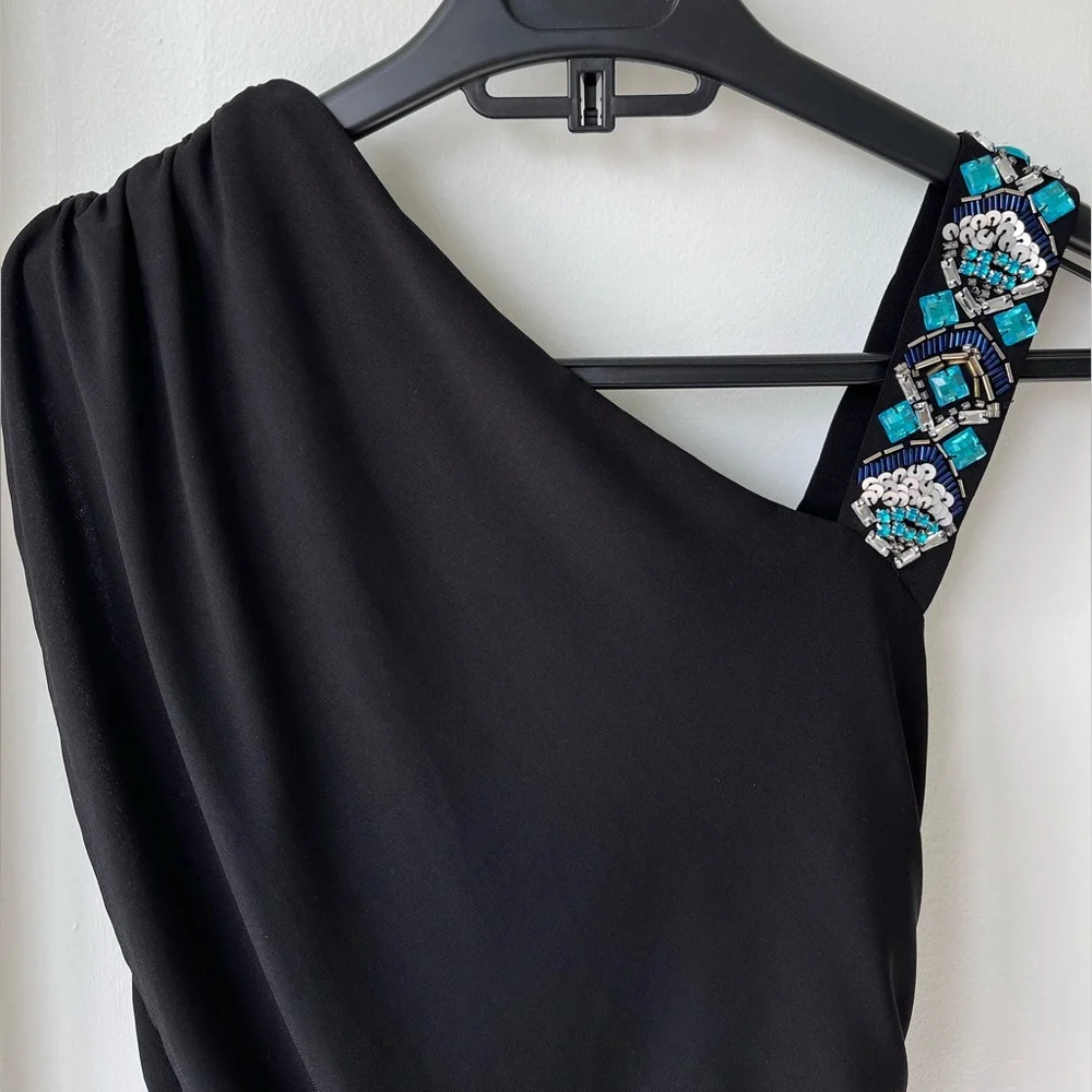 Marciano Knee Length Black One Shoulder Embellished Strap Bodycon Dress - Picture 5 of 14